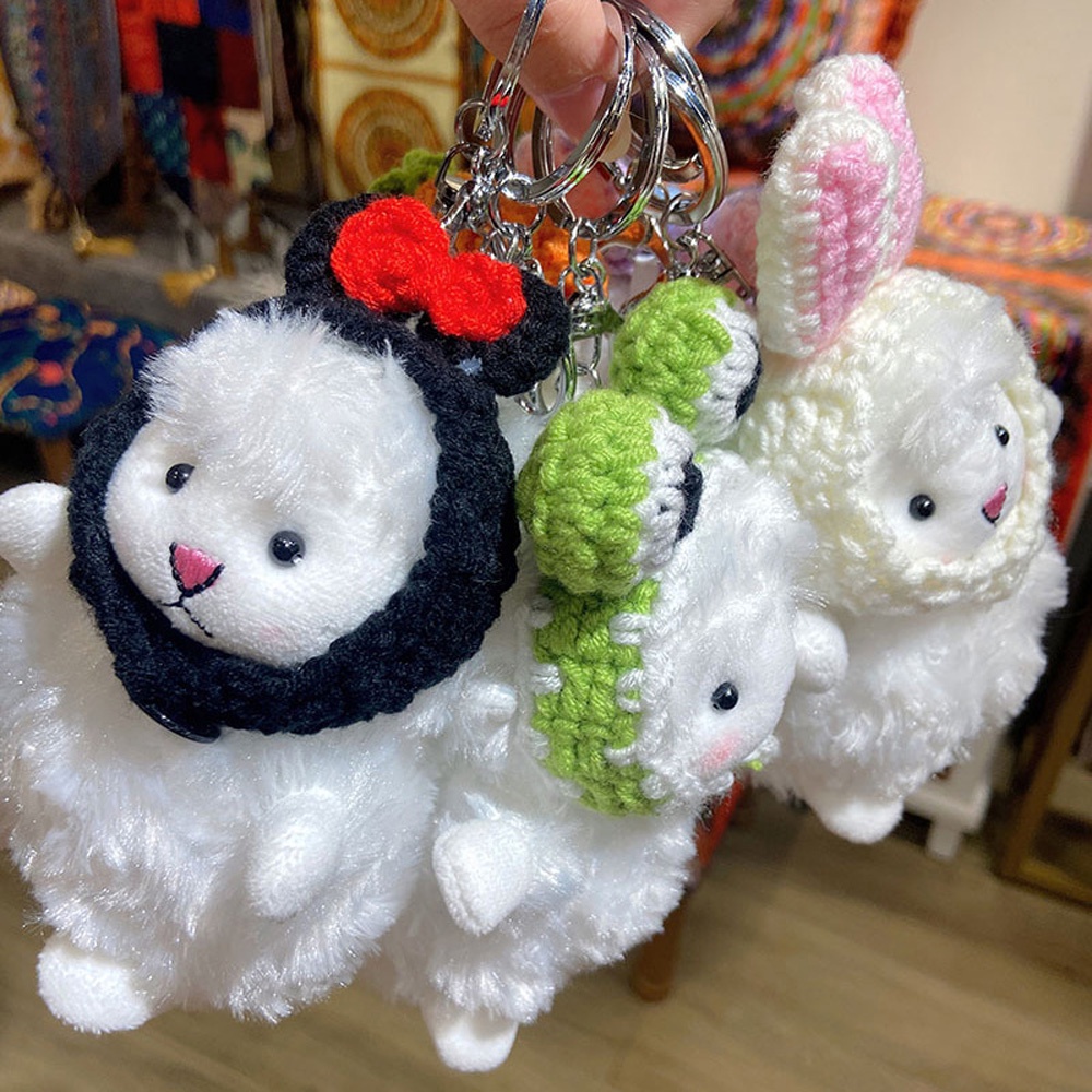 Kawaii Gantungan Kunci Domba Mewah Kodok Telinga Kelinci Memakai Syal Boneka Domba Mobil Keyring Tas Liontin Hadiah Pacar 14 cm