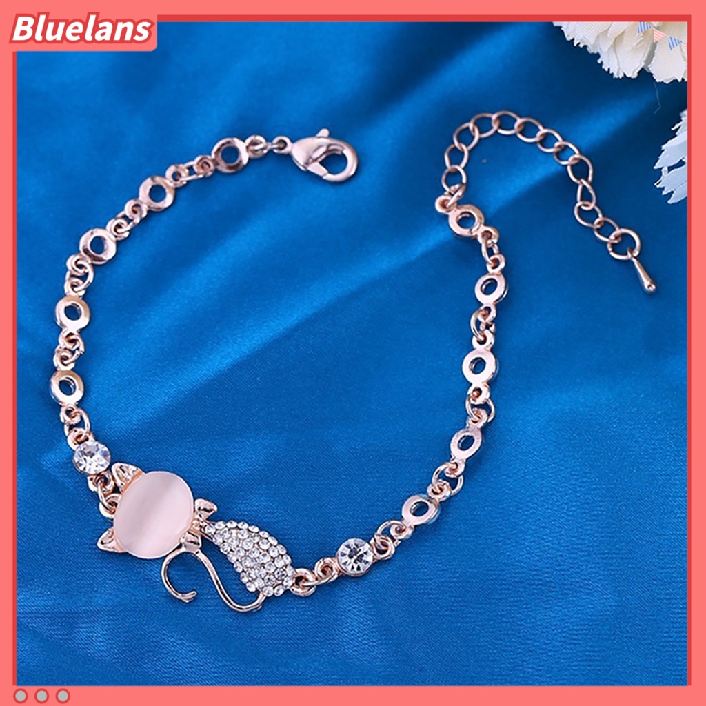 [BLS] Wanita Ladies Lovely Cat Pendant Opal Berlian Imitasi Bangle Gelang Rantai Perhiasan Untuk Kehidupan Sehari-Hari
