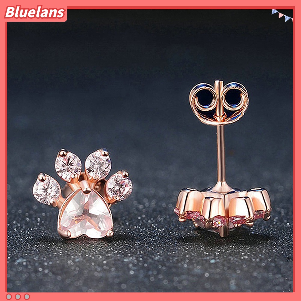 [BLS] Cute Paw Rhinestones Open Adjustable Finger Ring Ear Studs Wanita Hadiah Perhiasan