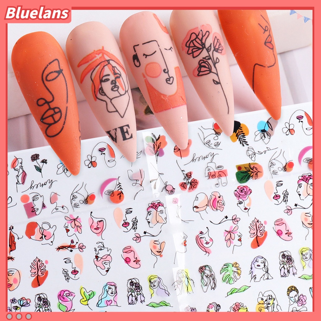 [BLM] 10pcs Stiker Kuku Desain Wajah Garis Geometris Mudah Serasi-Dengan Banyak Warna Nail Art Water Decal Untuk Salon Kuku