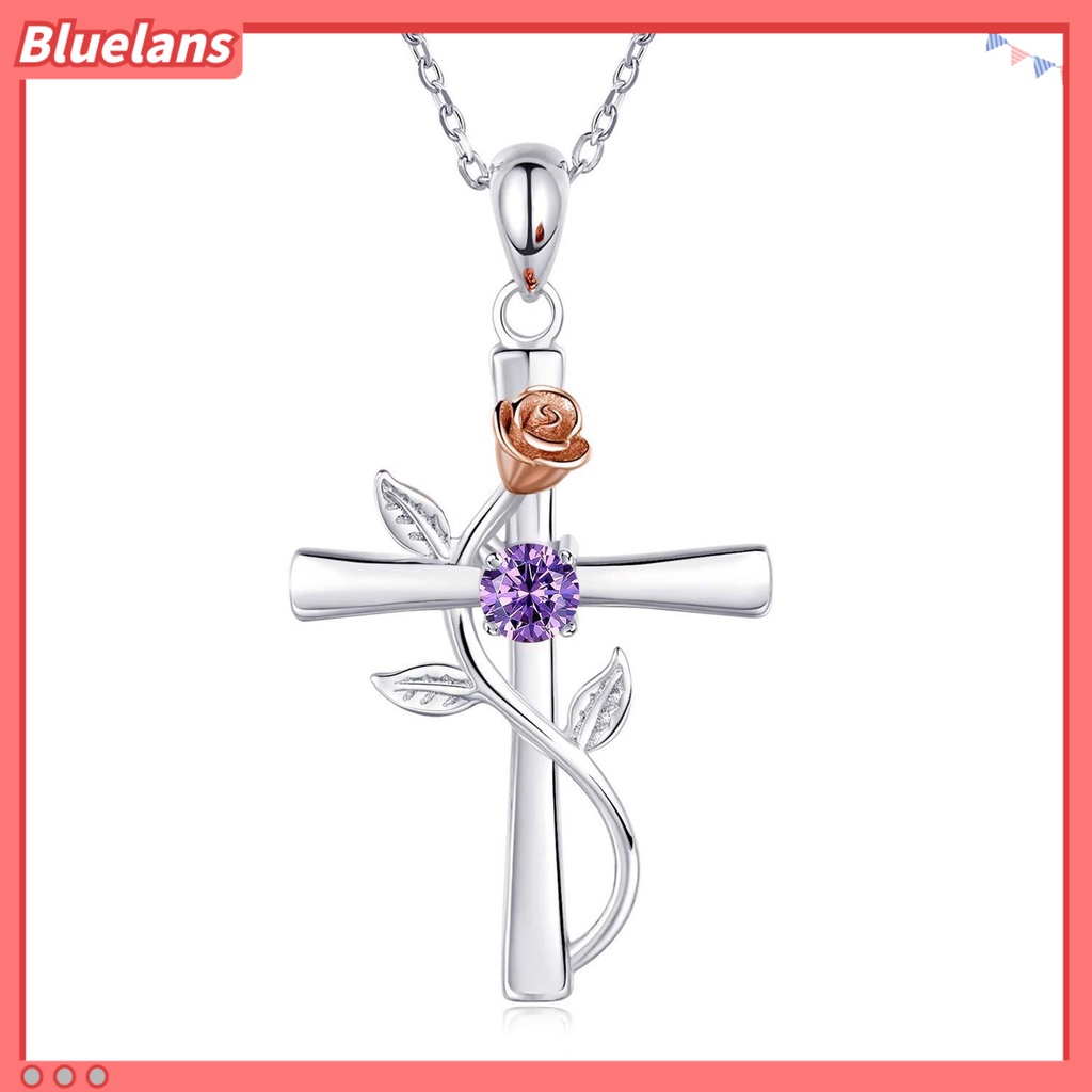 [BLS] Kalung Wanita Novelty High Gloss Silver Plated Cross Rose Flower Kalung Rantai Berlian Imitasi Mengkilap Untuk Pesta