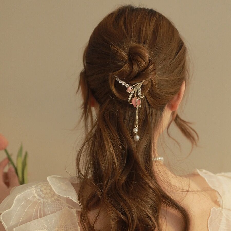 Korea Alloy Berlian Imitasi Tulip Rumbai Rambut Klip Ponytail Holder Mutiara Kristal Jepit Rambut Woman Aksesoris Rambut