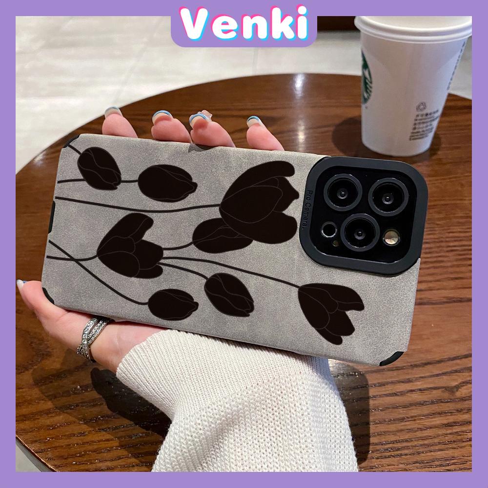 VENKI - Untuk iPhone 11 Case Leather Pupil Suede Case Soft Shockproof Case Camera Simple Black Flower Kompatibel dengan iPhone 14 13 Pro max 12 Pro max xr xs 7Plus 8Plus