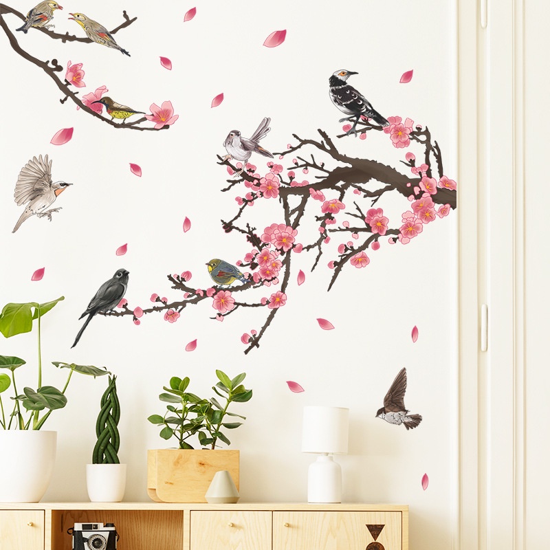 Plum Blossom Bunga Pohon Cabang Stiker Dinding Ruang Tamu Latar Belakang Dekorasi Burung Wallpaper Dekorasi Rumah Art Decals