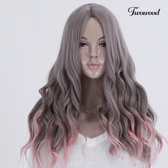 Twowood Lolita Mix Grey Pink Centre Parting Cosplay Rambut Panjang Keriting Bergelombang Full Wig