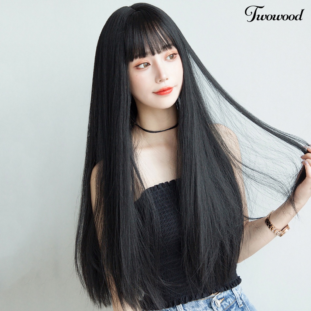 Twowood Wig Panjang Lurus Jaring Dalam Bernapas Serat Suhu Tinggi Bernapas Wig Rambut Hitam Untuk Perempuan