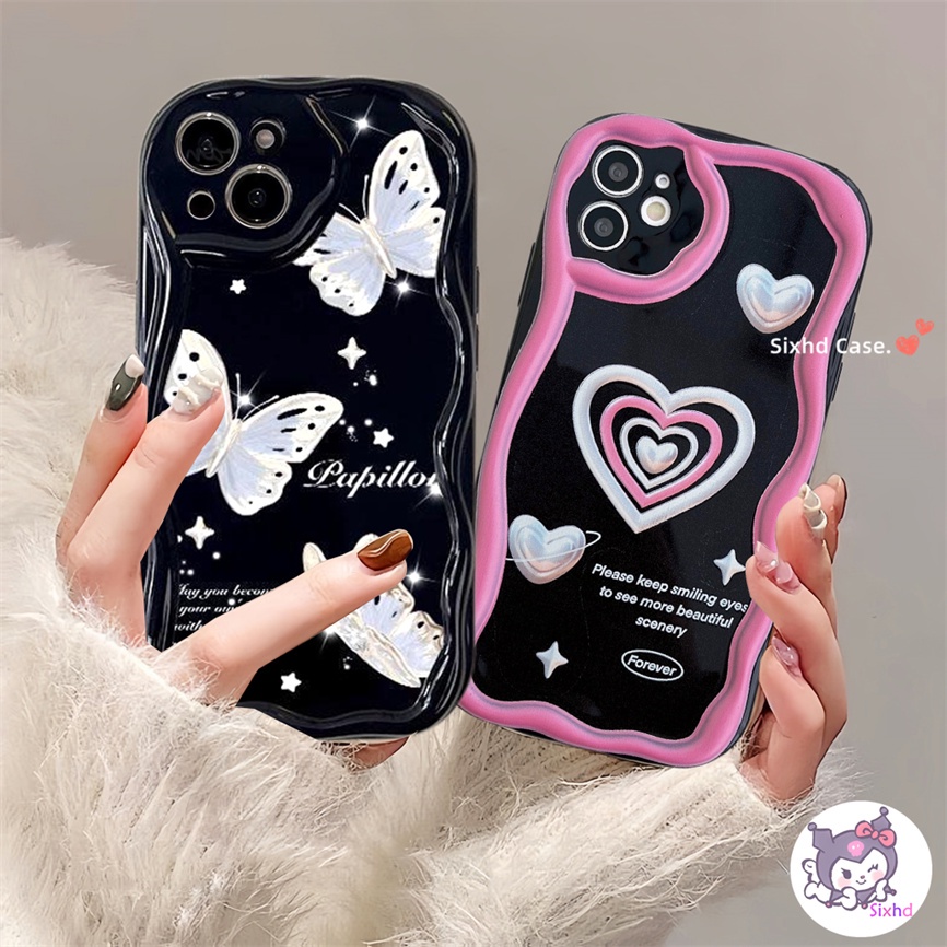 IPHONE Kompatibel Untuk Iphone14 13 12 11 Pro Max SE2020 X Xr Xs Max8 7 6 6s Plus Fashion Cinta Kupu-Kupu Pasangan 3D Tepi Melengkung Gelombang Glossy Phone Case Soft Cover