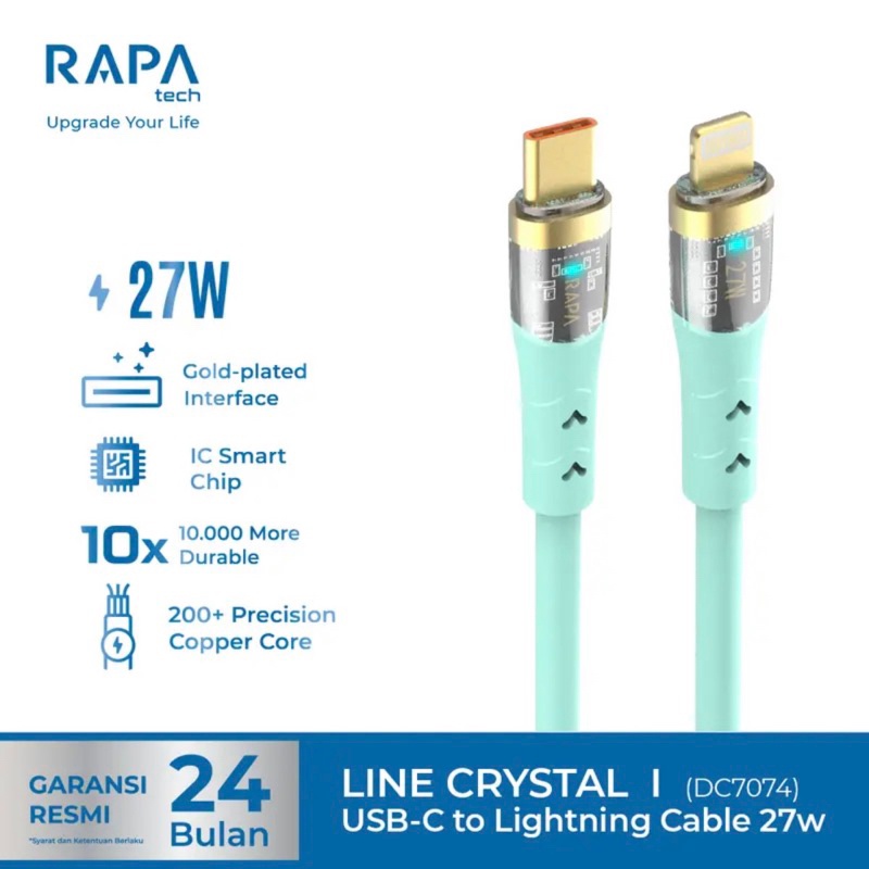 RAPAtech Crystal Kabel Data usb C to Lightning PD Fast charging 27W Smart Data Cable For iPhone 11 12 13 14 Pro Max/ 14 Plus original bergaransi