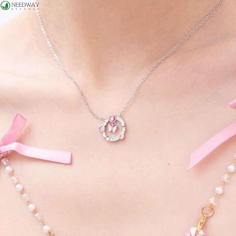 Needway Y2K Wanita Kalung Trendi Pesona Indah Karangan Bunga Klavikula Rantai Kupu-Kupu Gadis Hadiah Merah Muda Hati Gadis Choker