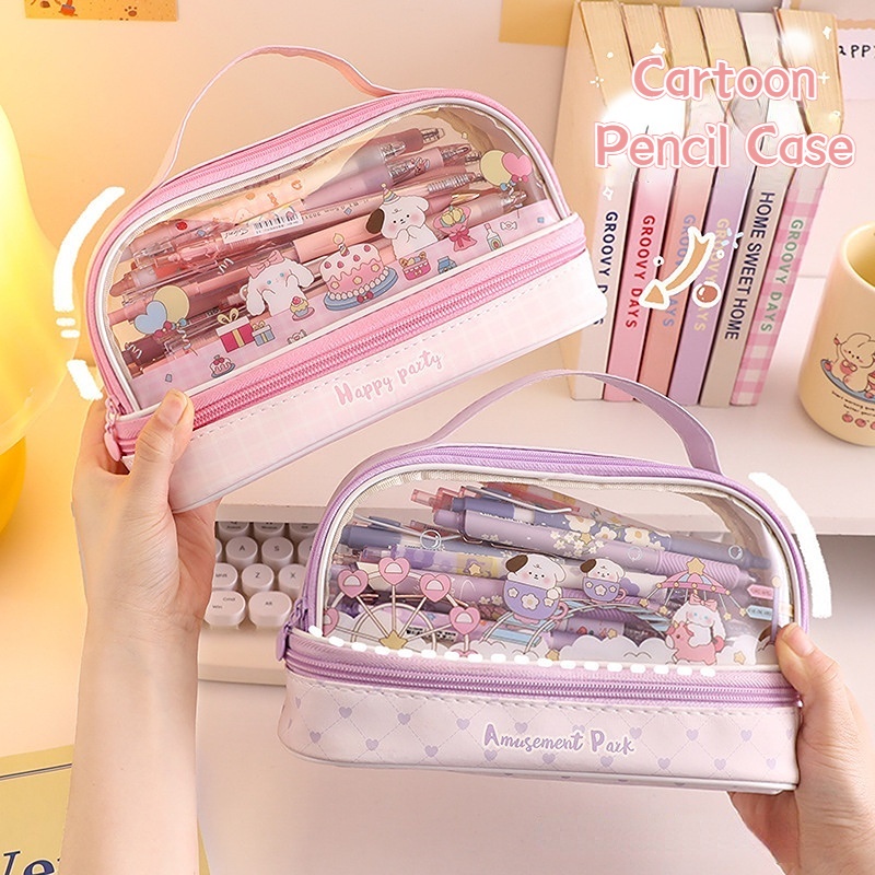 Happy Party Double Layer Pencil Case Kapasitas Besar Lucu Kartun Genggam Ritsleting Kotak Pensil Transparan Tas Pulpen Tas Penyimpanan Siswa Alat Tulis