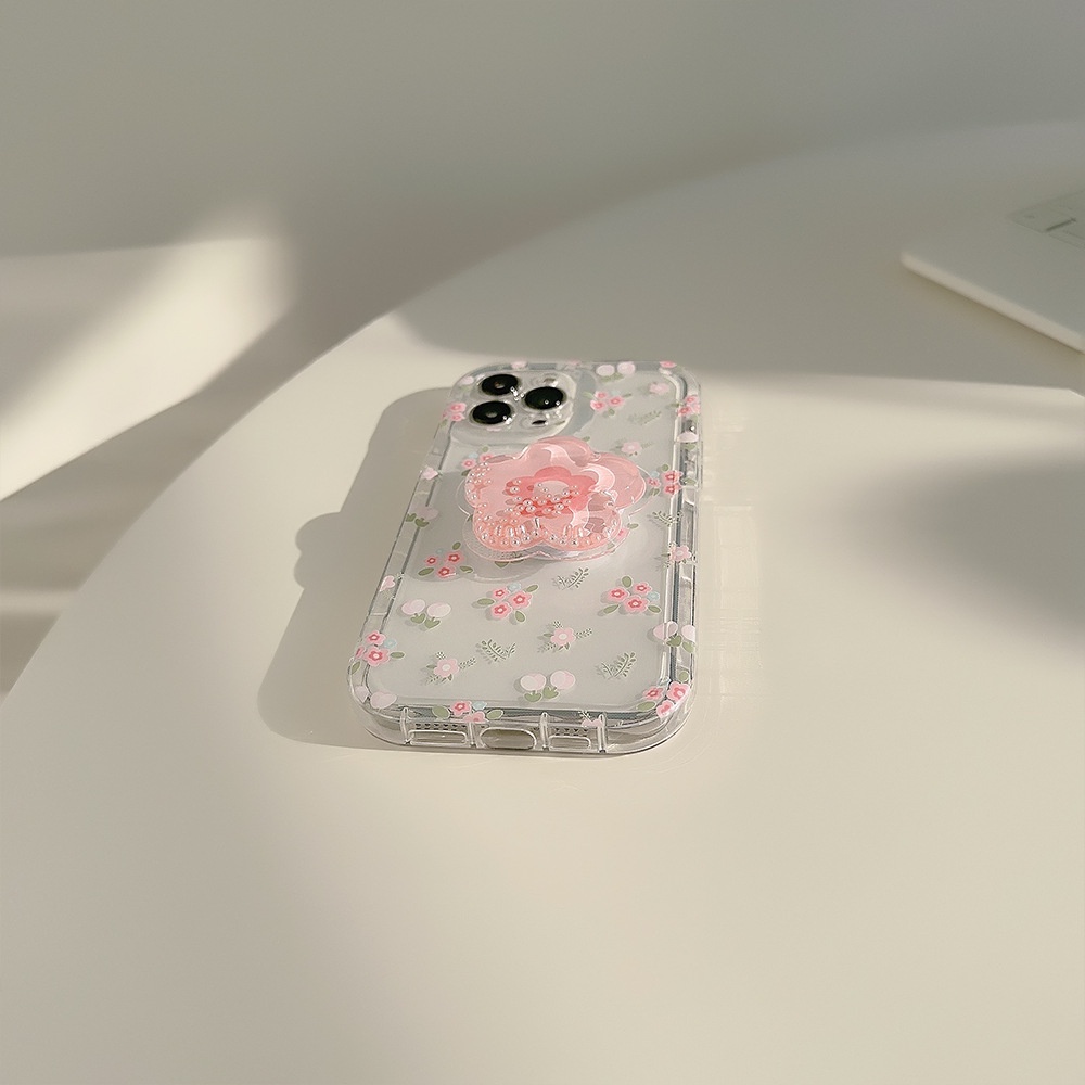 Musim Semi Bunga Pink Anti-Jatuh Perlindungan Penuh Transparan Ponsel Case Cover Dengan 3D Bunga Pasir Apung Holder Untuk Iphone 11 12 13 14 PLUS PRO MAX