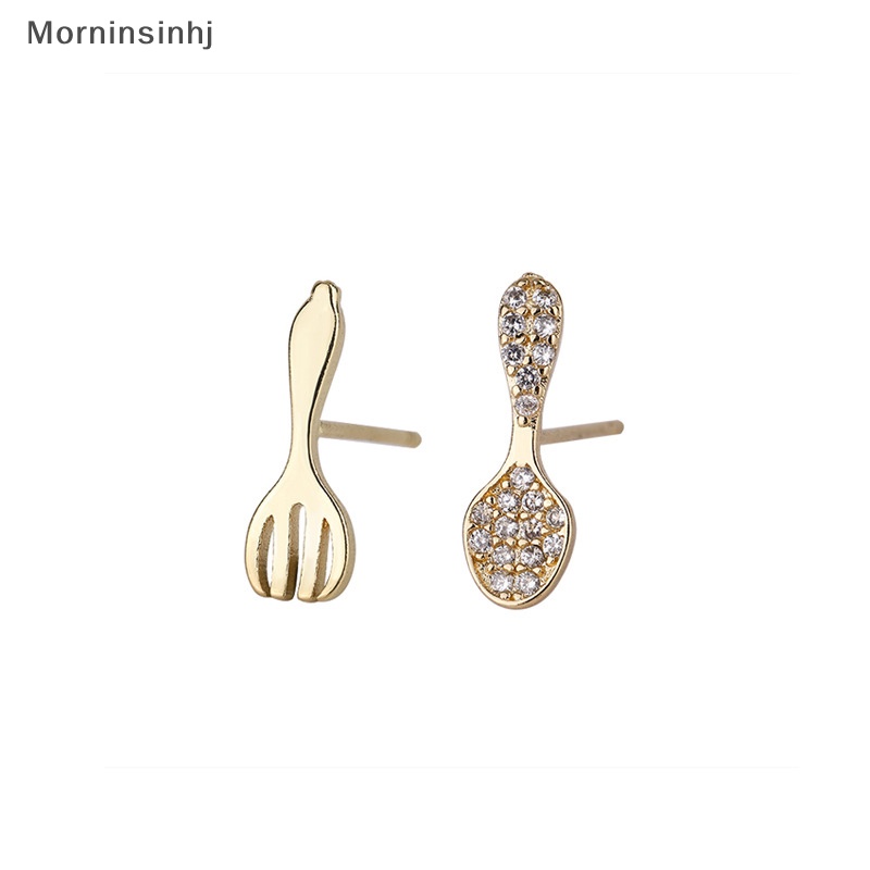 Mornin Anting Stud Sendok Garpu Kristal Mini Untuk Wanita Anting Kepribadian Sederhana id