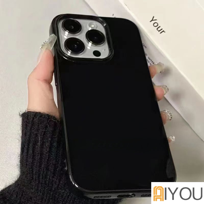 IPHONE Ins Cool Black Glossy Phone Case Kompatibel Untuk Iphone11 Casing 14 Pro Max Ip13 12 11 Pro Max 14 Pro Max XR 8 7 Plus Mulus Glossy Lembut TPU Back Cover