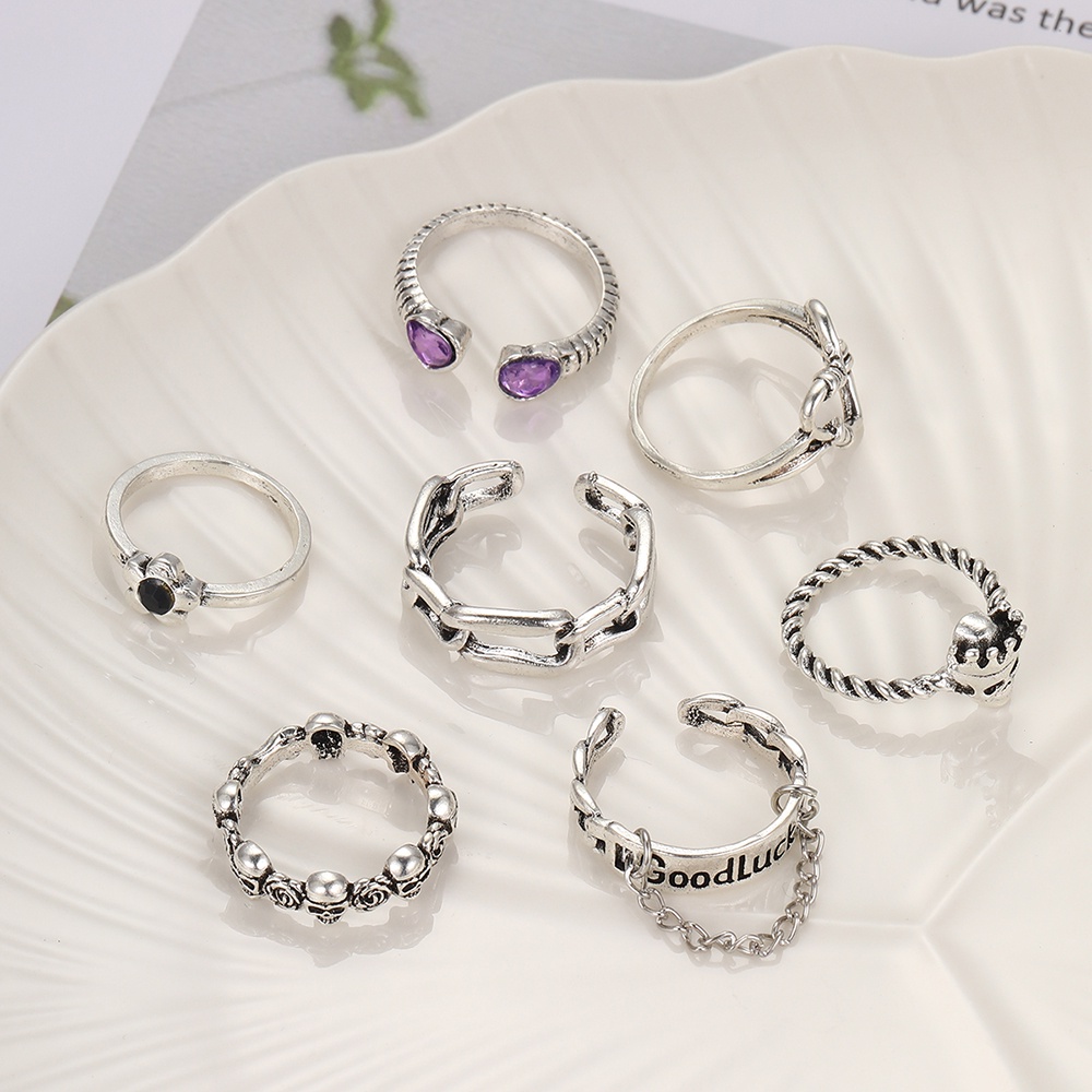 7pc /set Punk Jantung Cincin Gothic Hip Hop Huruf Cincin Perak Untuk Wanita Fashion Perhiasan Aksesoris