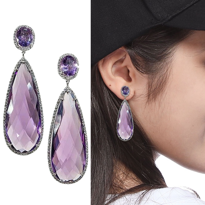 Pear Ungu Cubic Zirconia Drop Earrings Menawan Telinga Aksesoris Untuk Wanita Cantik Pesta Pernikahan Statement Perhiasan Hadiah