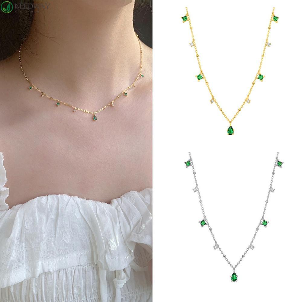 Needway  Temperament Zircon Necklace Girls Choker Clavicle Chain Women Exquisite Copper Green Simple Fashion Jewelry/Multicolor