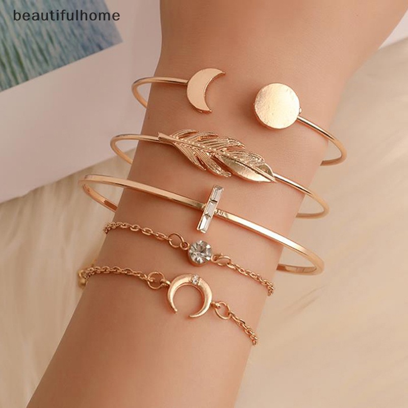 {beautifulhome} 5pcs /set Bohemian Emas Daun Bulan Terbuka Gelang Wanita Pantai Bangle Perhiasan Hadiah.