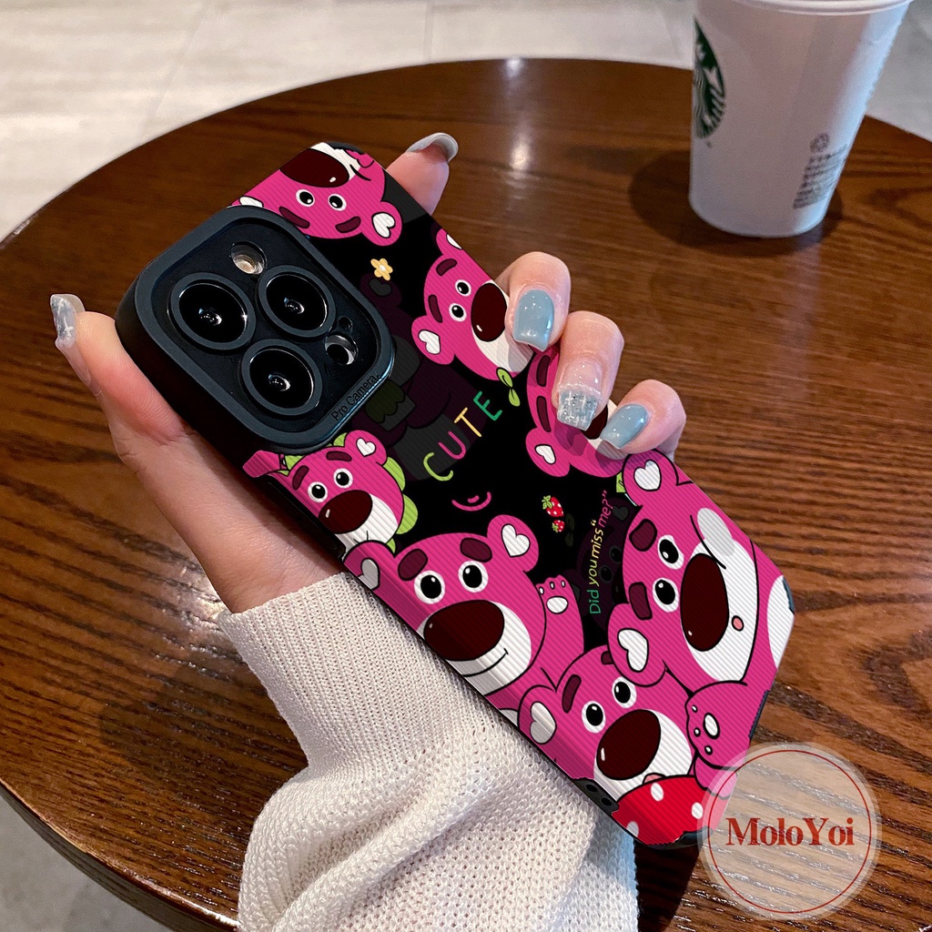 IPHONE Indah Mewah Tekstur Kulit Shockproof Phone Case Kompatibel Untuk Iphone12 Pro Max11 13 14 Plus XR X XS Max7 8 Plus Kartun Lucu Manyo Strawberry Bear Cover