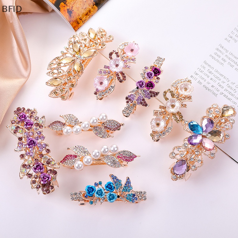 [BFID] Bunga Kristal Jepit Rambut Gadis Wanita Hiasan Kepala Perhiasan Untuk Wanita Warna Berlian Imitasi Ponytail Alloy Spring Clip Fashion Barrettes [ID]