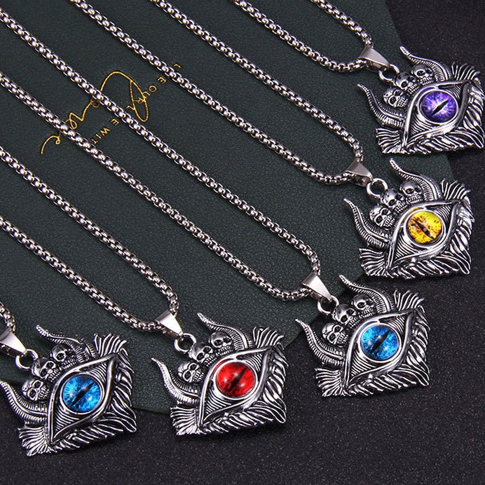 Kalung Punk Tengkorak Kambing Mata/Kalung Liontin Mata Setan Gelap/Kalung Pesona Hip Hop Rock/Retro Evil Punk Alloy Necklace/Perhiasan Fashion Pria