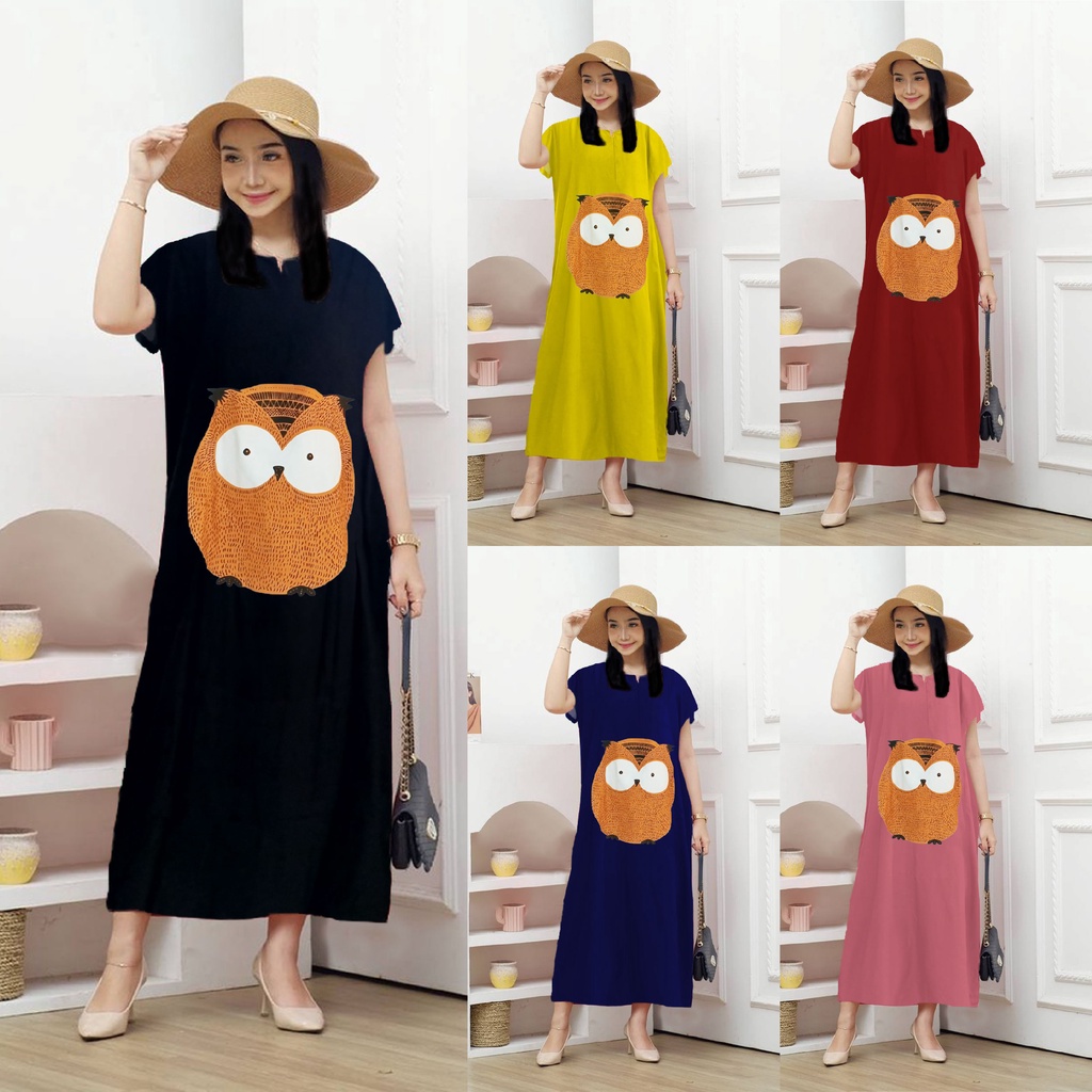 Long Dress Motif Owl LD120 Bahan Rayon Halus - Owl Store