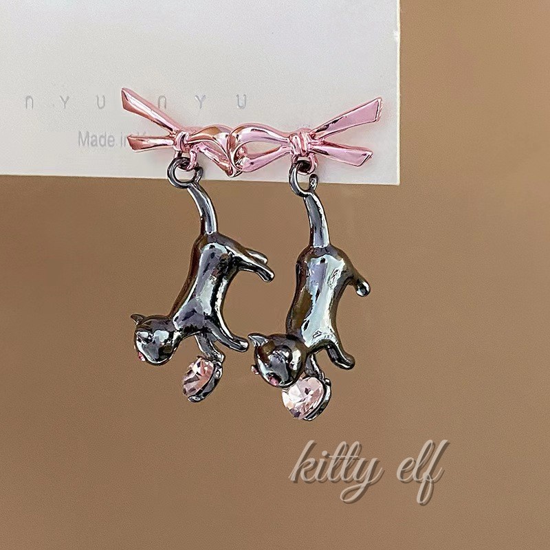 Elf Cat~Unique Lucu All-Match Pink Bow Cat Earrings Perempuan Niche Design High-End Necklace