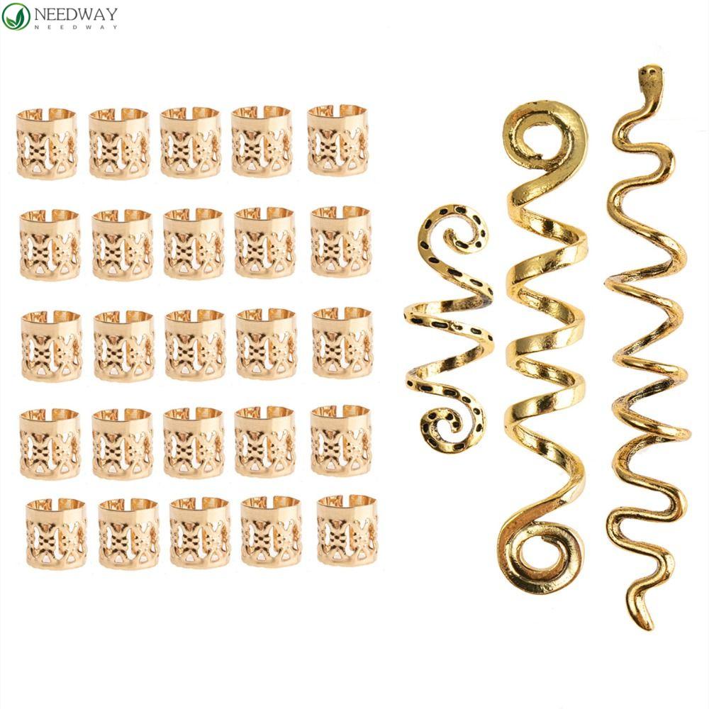 Needway 28pcs /set Klip Cincin Rambut DIY Curve Silver Viking Celtic Knot Alloy Golden Kotor Kepang Rambut Gesper Untuk Wanita