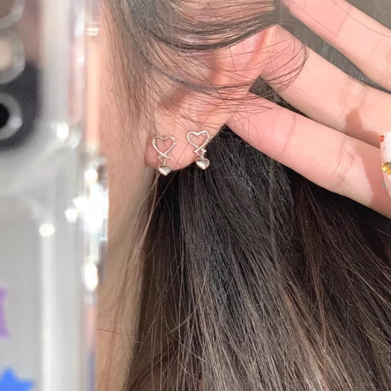 Papaozhu Korea S925 Perak Lucu Kecil Berongga Jantung Stud Anting-Anting Untuk Wanita Perempuan Halus Mungil Ganda Cinta Anting-Anting Hypoallergenic Telinga Perhiasan Aksesoris