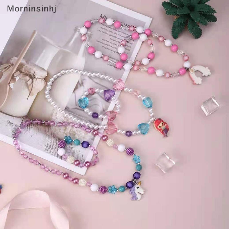 Mornin 1Set Lucu Kartun Unicorn Hujan Kalung Gelang Untuk Gadis Lucu Liontin Aksesoris Fashion Mermaid Princess Perhiasan id