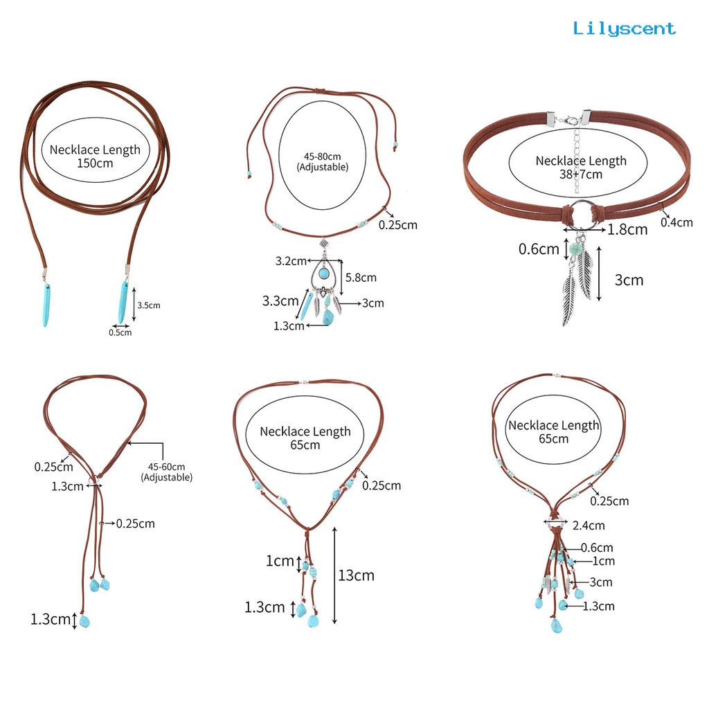 [LS]Turquoise Adjustable Tali Suede Wanita Kalung Gaya Bohemian Liontin Kalung Kait Anting Perhiasan Aksesoris