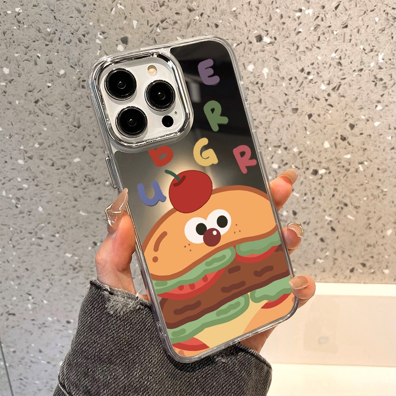 IPHONE Casing Ponsel Cermin Motif Hamburger Kompatibel Untuk Iphone11 12 13 14 12Pro 13Pro 14Pro Pro Max XR X XS Max Electroplating Tombol Perlindungan Mirror Cover