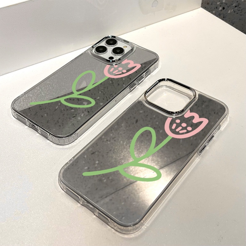 IPHONE Casing Ponsel Cermin Graffiti Tulip Kompatibel Untuk Iphone11 12 13 14 12Pro 13Pro 14Pro Pro Max XR X XS Max Electroplating Tombol Perlindungan Mirror Cover