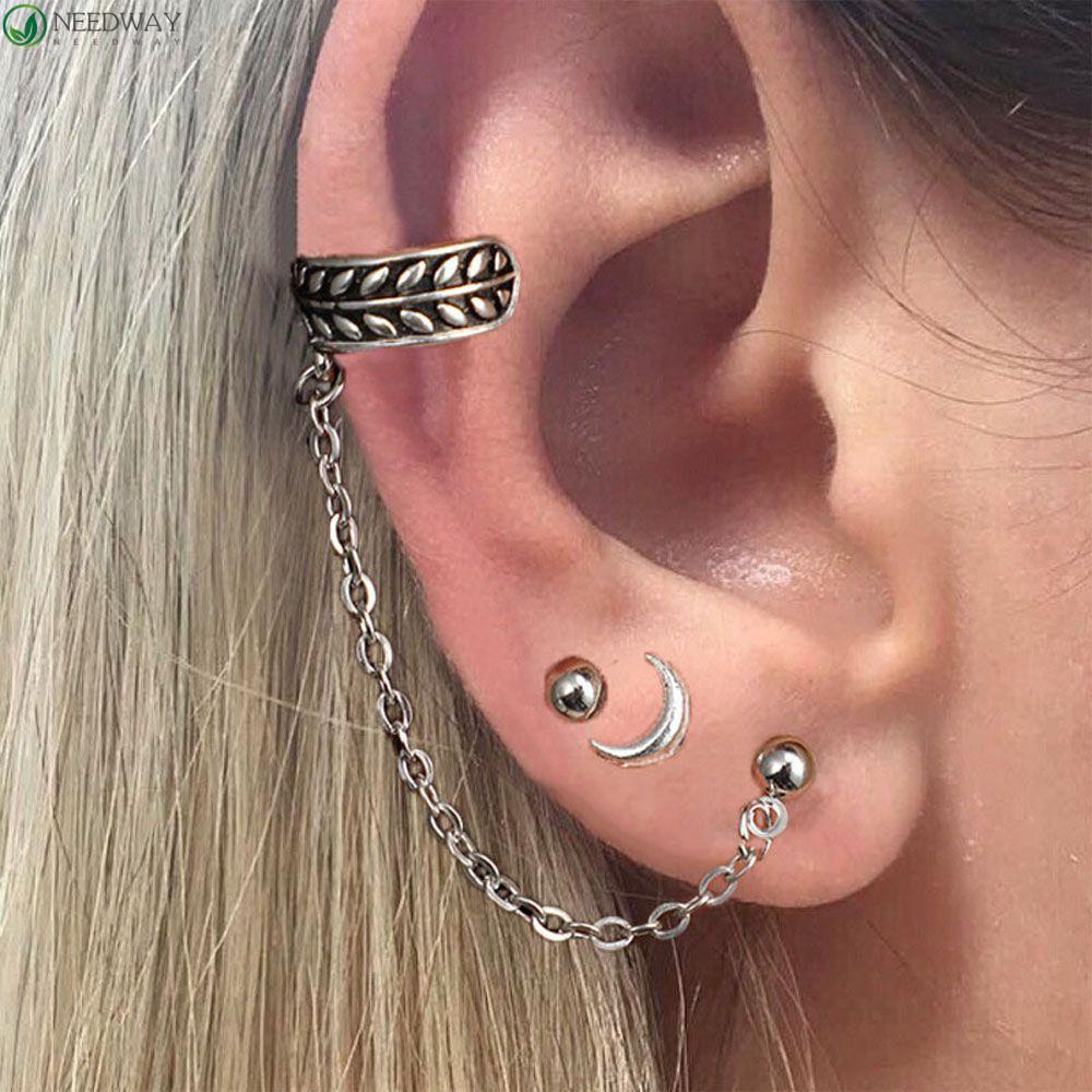 NEEDWAY Needway Anting Set Bulan Daun Sederhana Wanita Aksesoris Fashion Paduan Tindik Drop Telinga Klip