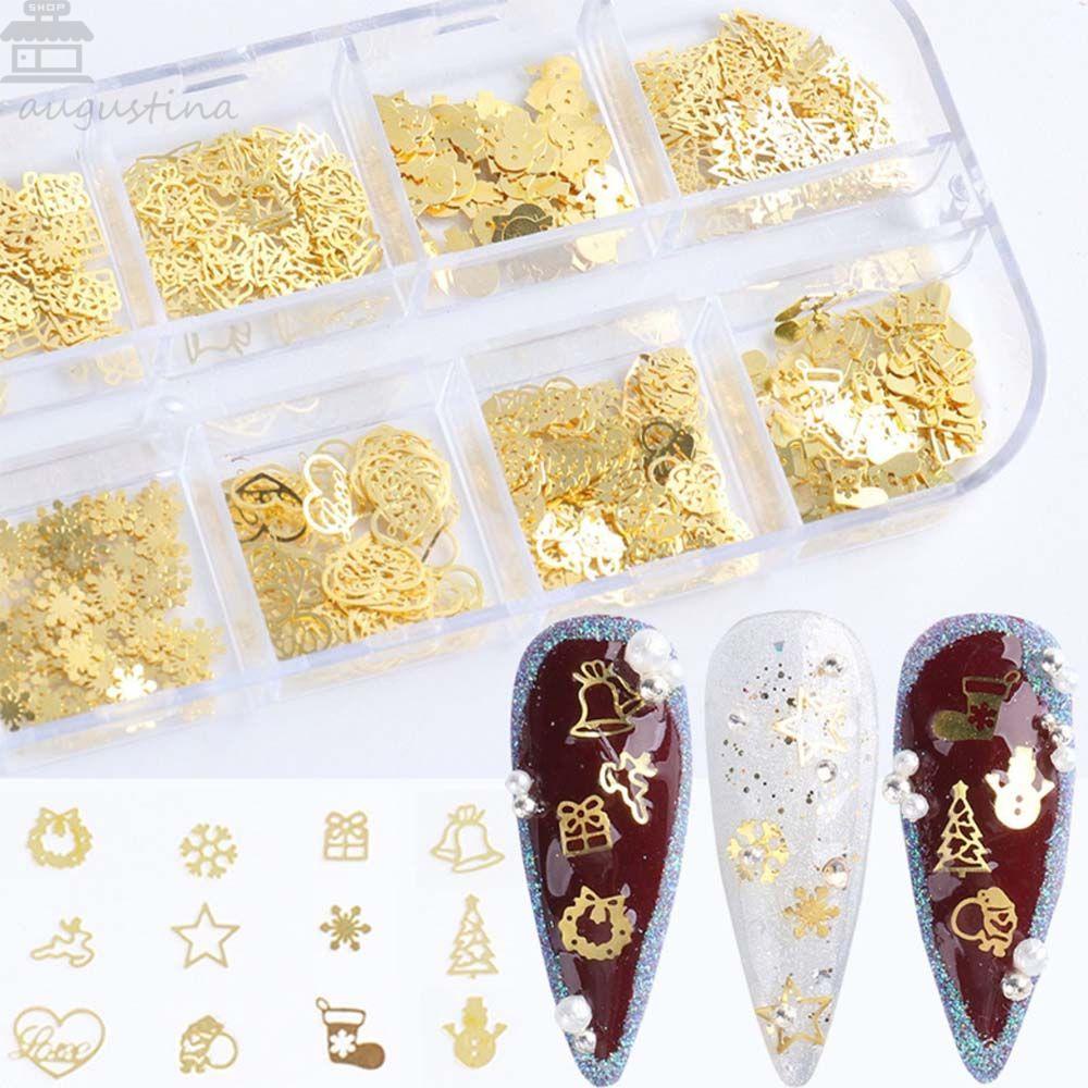 AUGUSTINA Agustina Kuku Glitter Payet Kaus Kaki Logam Santa Snowflake Pohon Natal Snowman 3D Nail Art Dekorasi