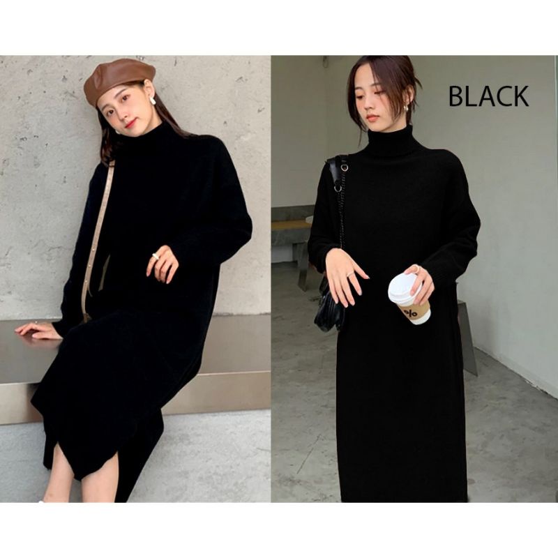(D108) Dress leher tinggi midi sweater knit dress