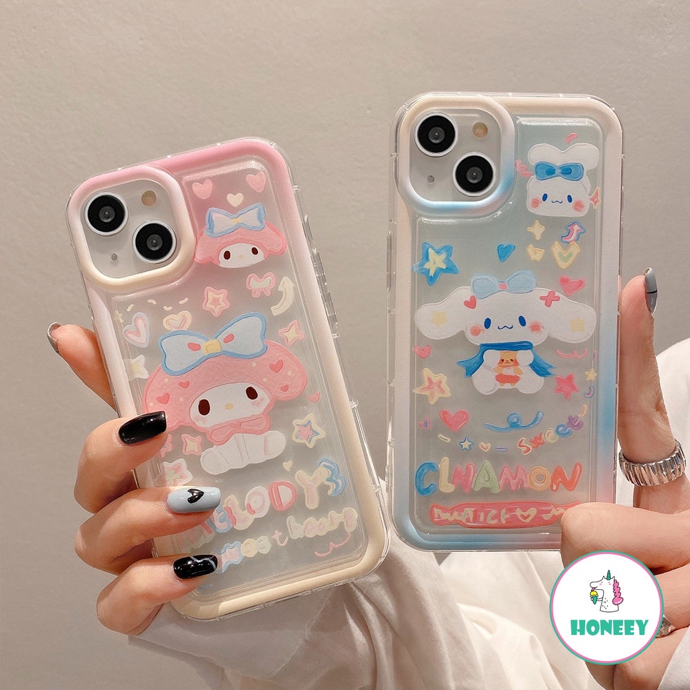 Casing Ponsel Melody Kartun Lucu Kompatibel Untuk iPhone 14 Pro 13 12 11 Pro Max XR XS 8 7Plus Bingkai Gradien Lembut Anti-Shock Air Cushion Back Cover