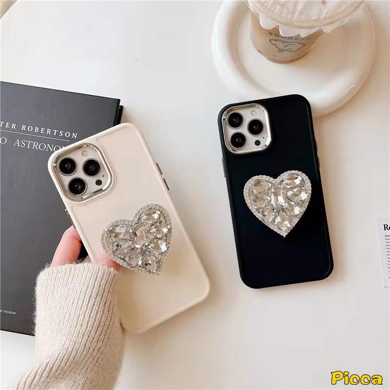 IPHONE 3d Berlian Cinta Hati Phone Holder Macaron Color Phone Case Kompatibel Untuk Iphone11 13 14 12 Pro MAX 7plus X XR 7 8 Plus XS MAX Holder Bracket Pelindung Soft Cover