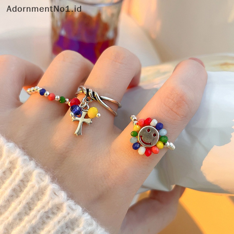 [AdornmentNo1] Manik warna warni Smiley manik elastis Diy cincin gadis Ins desain Niche jari cincin pasang perhiasan wanita cincin lucu