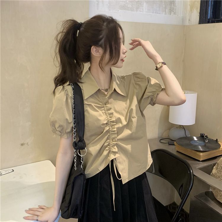 Polo Blouse Wanita Serut Puff Lengan Pendek Premium Top