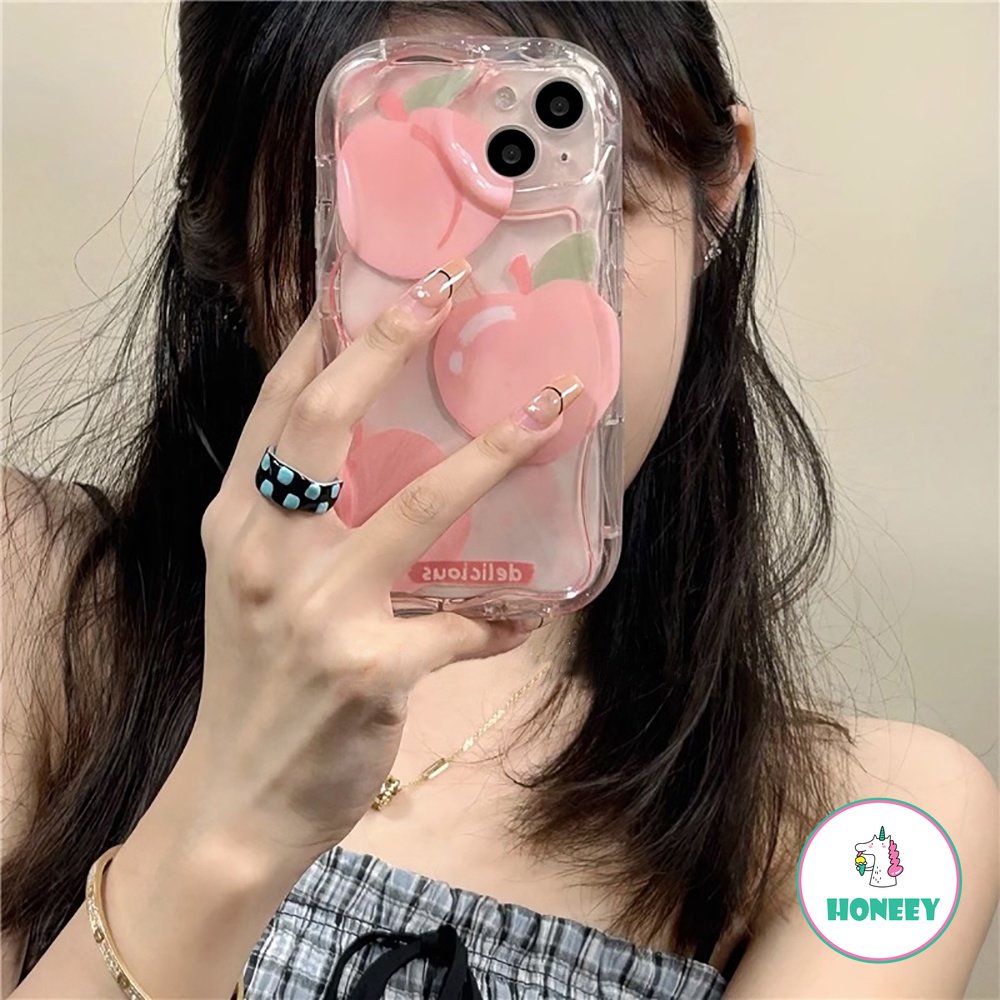 IPHONE Casing Ponsel Tepi Gelombang Pink Peach Kompatibel Untuk Iphone14 12/12Pro 13 Pro Max Casing Iphone11 Pro Max TPU Lembut Shockproof Back Cover