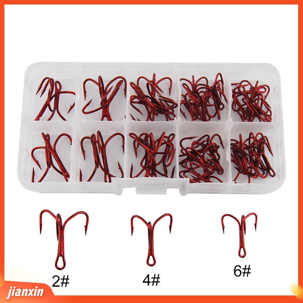 (In Stock) 100Pcs 2/4 /6 /8 /10 /12 /14#Baja Karbon Tinggi Diasah Treble Memancing Hooks Tackle