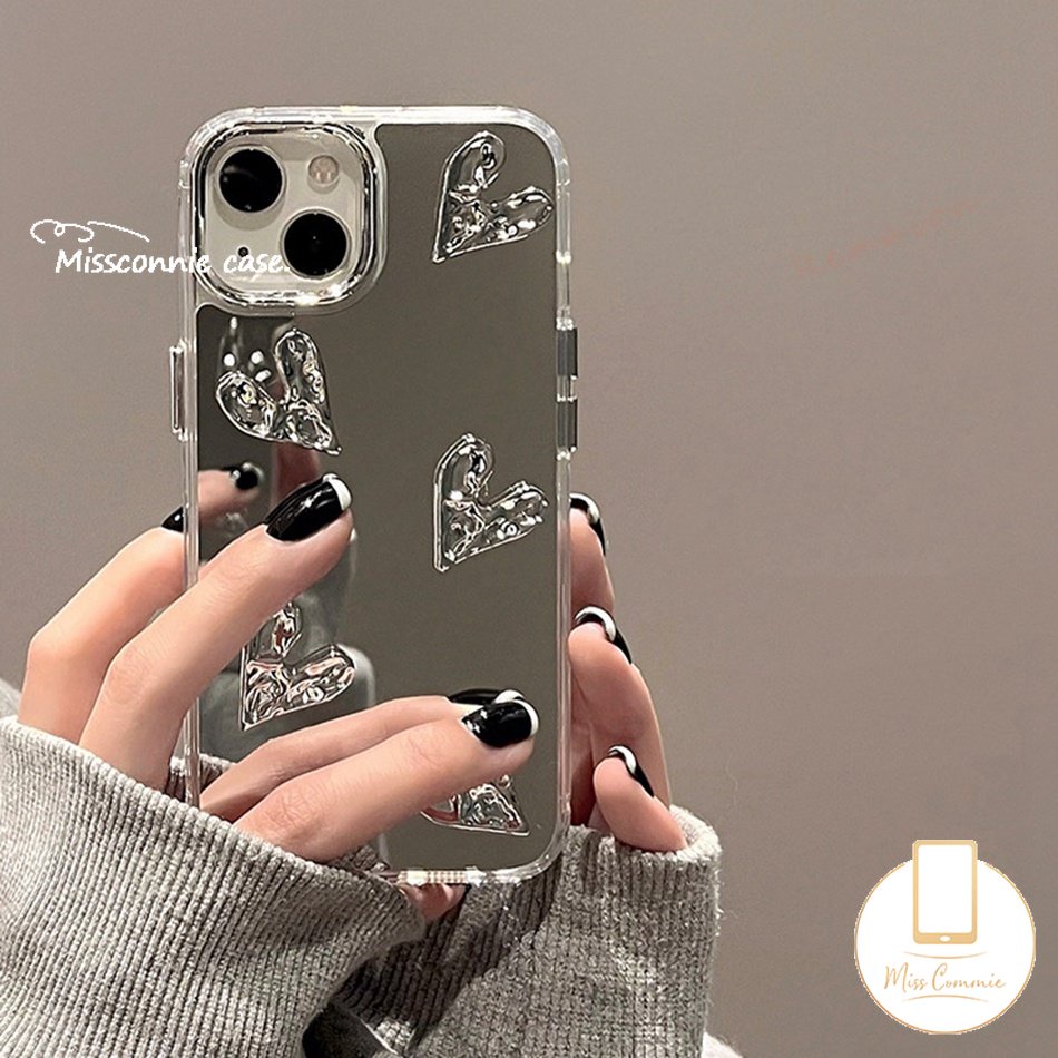 IPHONE Casing Cermin Make Up 3D Stereo Silver Love Heart Kompatibel Untuk Iphone14 11 13 12 Pro Max 14 Pro 12 Pro 13 Pro 14 Pro Max 11 13 14 12 Mewah Plating Metal Akrilik Shockproof Cover