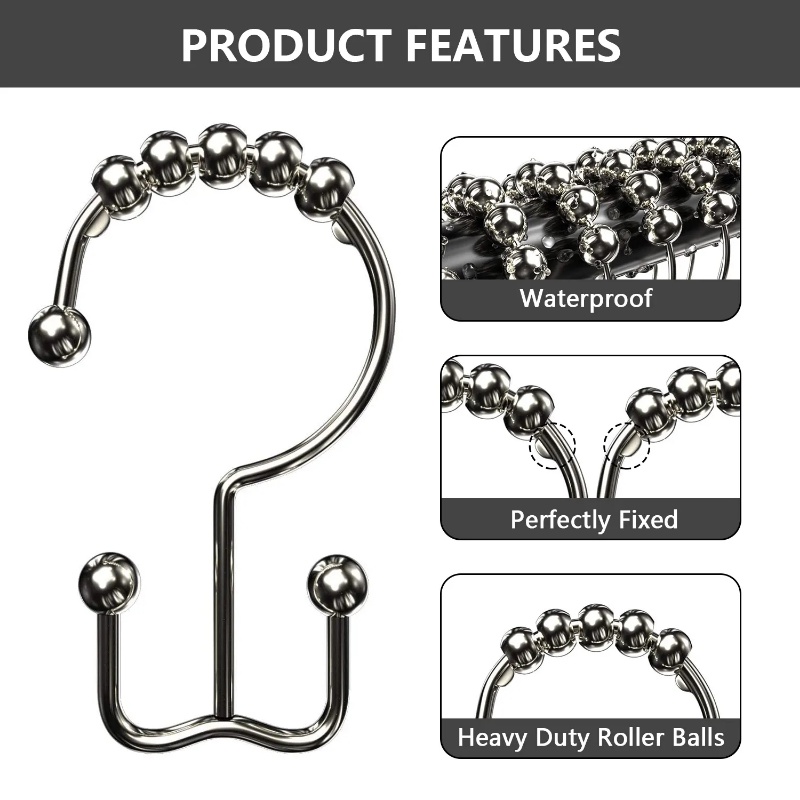 Shower Curtain Rings Metal Anti Karat Double Shower Hook/Stainless Steel Roller Double Hooks/Tirai Kamar Mandi Rolling Shower Curtain Hooks Ring/Aksesoris Kamar Mandi/