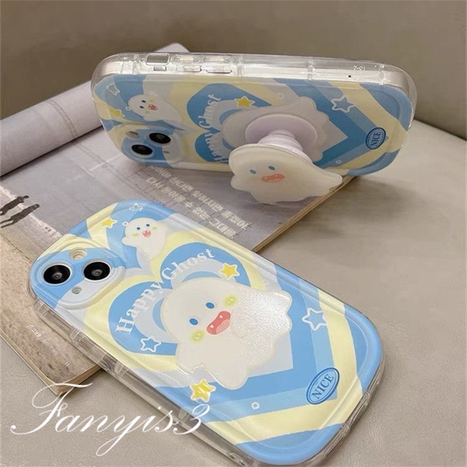 For Samsung A14 A34 A54 A04 A04s A12 A13 A03 A03s A23 A52 A52s A22 A32 A51 A71 A50 A50s A30s A11 M11 Blue Heart Ghost Sabun Phone Case Bening TPU Soft Cover Dengan Bracket