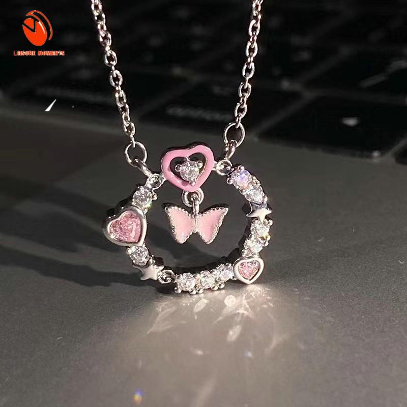 Baru Y2K Kalung Rose Pink Kupu-Kupu Untuk Wanita Manis Keren Panas Gadis Liontin Klavikula Rantai Fashion Perhiasan