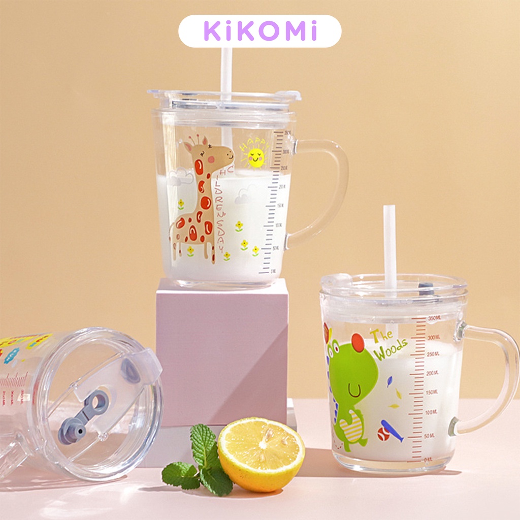 GELAS MINUM ANAK Sedotan 400ML Motif Animal Bahan Kaca Anti Tumpah - KK