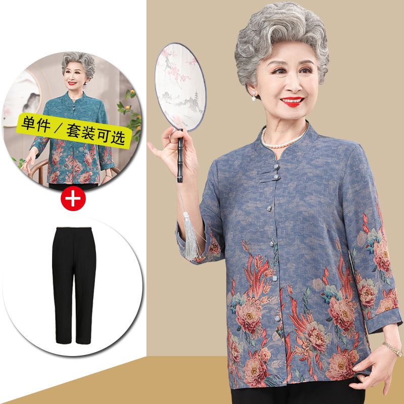 Pakaian musim panas orang tua, pakaian musim panas ibu wanita, tops lengan wanita tua tiga kuartal, 