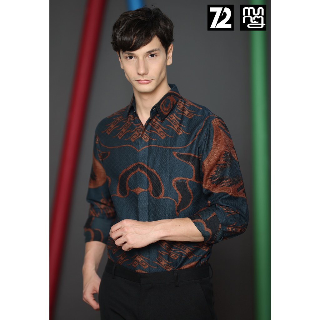 KEMEJA BATIK PRIA Lengan Panjang Premium Motif Elegant Warna Biru Dongker 724054 Cap 72 Baju Kemeja 