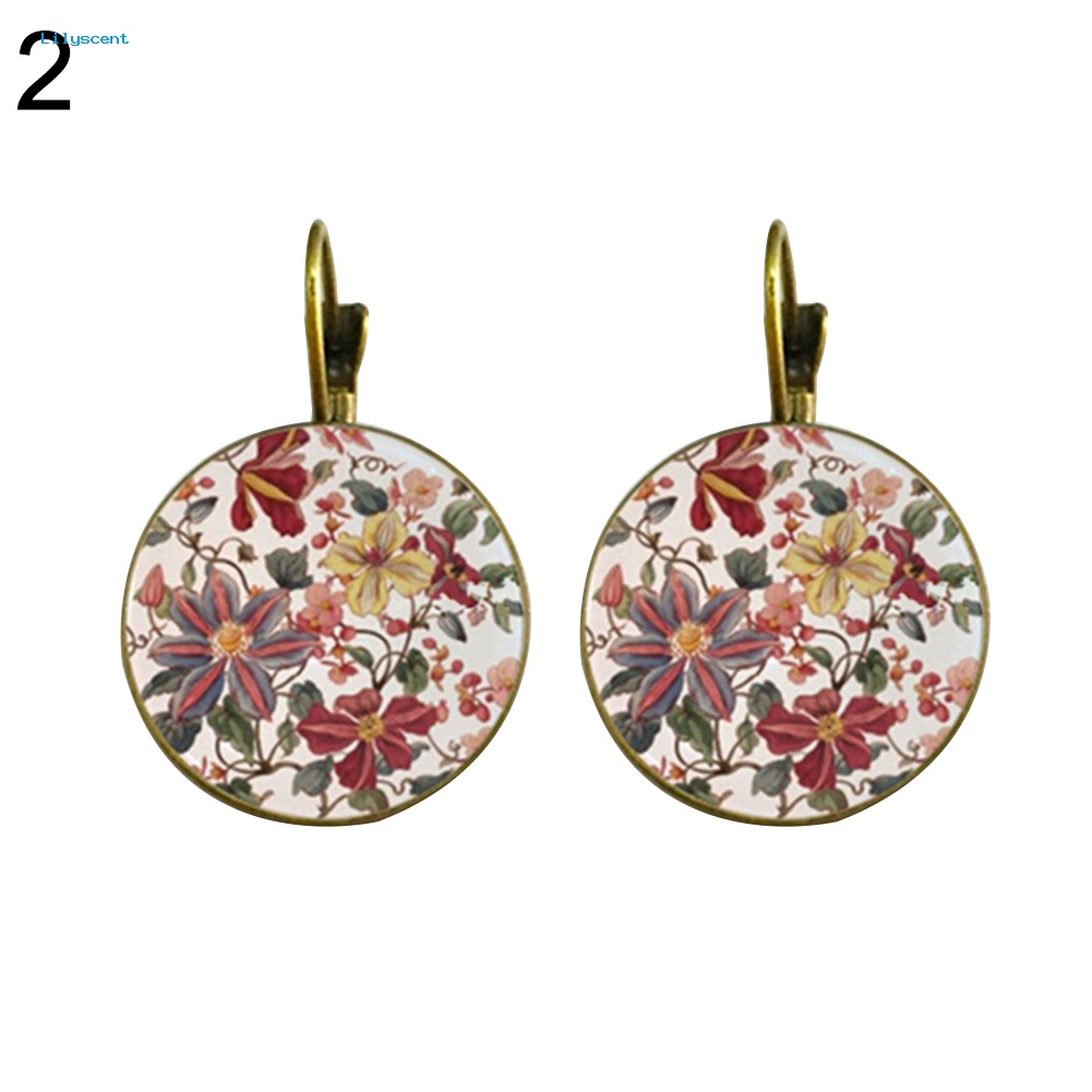 Lilyscent Vintage Bunga Dicetak Liontin Bulat Wanita Leverback Earrings Perhiasan Pesta