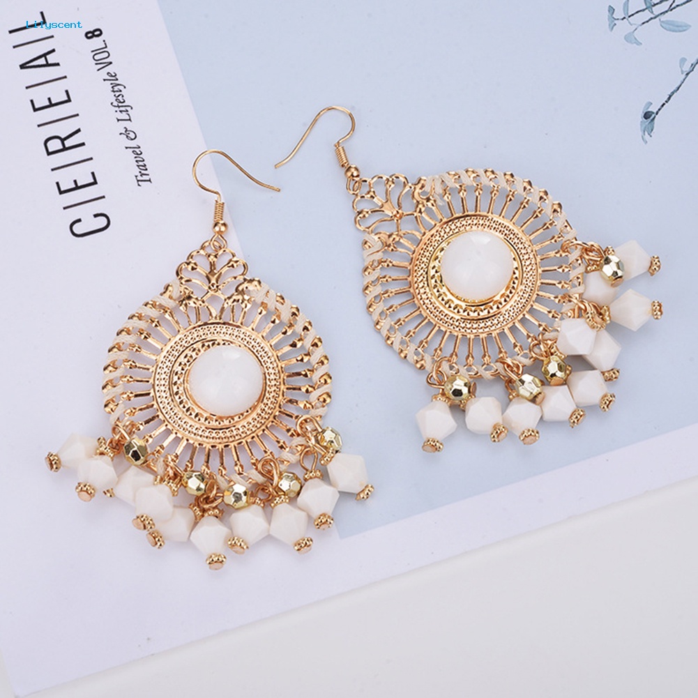 Lilyscent Bohemia Wanita Fashion Retro Rumbai Manik-Manik Bulat Drop Menjuntai Kait Anting Perhiasan